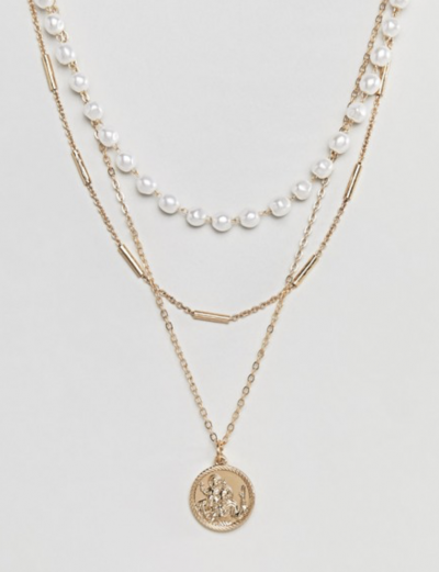 ASOS DESIGN – Collier multi-rangs avec perles et pendentif St Christophe style vintage – Doré