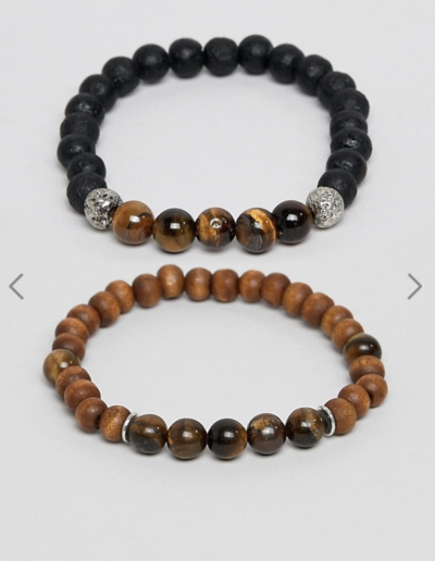 ASOS DESIGN – Lot de 2 bracelets en perles avec pierres semi-précieuses – Noir et marron