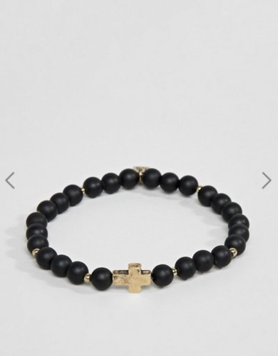 Asos Icon Brand – Bracelet de perles avec breloque croix dorée – Noir