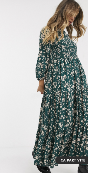 Asos Pull&Bear – Robe mi-longue babydoll à fleurs froncée – Vert
