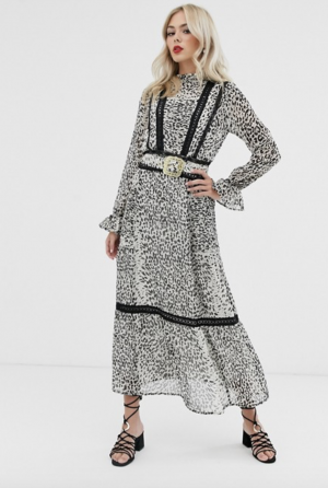 ASOS DESIGN – Robe longe à imprimé léopard avec empiècements en dentelle et ceinture à boucle
