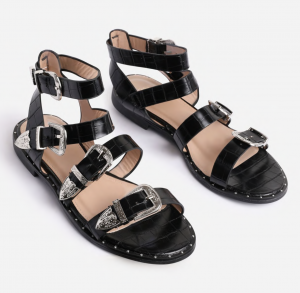 Ego Oscar Buckle Detail Flat Gladiator Sandal In Black Croc Print Faux Leather