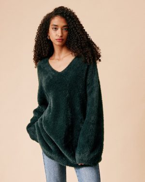 Rihoas The Green V Neck Fuzzy Sweater